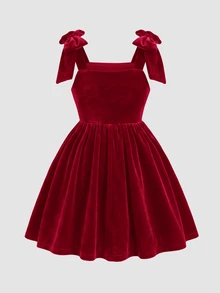 SHEIN 女童秋冬四季款酒紅色天鵝絨3D蝴蝶結裝飾收腰抓褶公主洋裝，適合派對穿著 - 紅色 - 查看 3