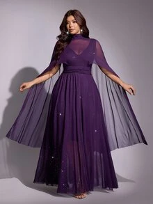 Viva Relle Plus Size Premium Rhinestone Sheer Loose Fit A-Line Evening Dress - Purple - View 5