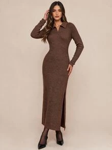 Amorya Women's Solid Color Lapel Long Sleeve Side Slit Hem Elegant Long Dress - Coffee Brown - View 7