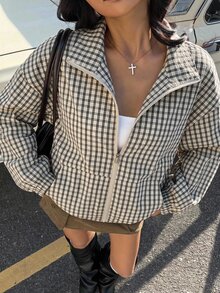 SHEIN EZwear Women's Regular Plaid Woven Jacket - Black and White - View 1