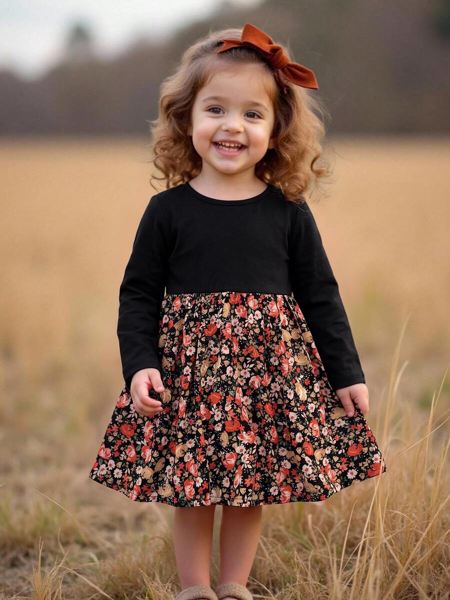 SHEIN Gaun Lengan Panjang Motif Bunga Kecil Warna-warni yang Lucu untuk Bayi Perempuan - Hitam - View 1