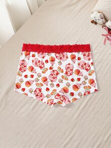 Strawberry Shortcake X SHEIN Plus Size Women's Cartoon Print Waist Contrast Lace Panties - Red - View 2