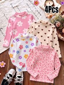 4Pcs Girls' Knitted Turtleneck Long Sleeve Tops, Cute Daisy Flower Heart & Leopard Print Base Layer Shirts, Sweet Style Versatile Outing Tops - Multicolor - View 4