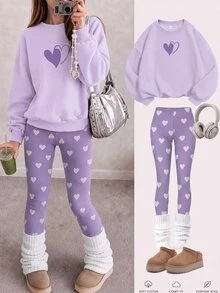 紫色甜美女孩愛心圖案印花，青少年女孩休閒舒適圓領長袖衛衣與內搭褲套裝，適合秋冬日常穿著、外出，秋冬休閒風，溫馨季節，甜美女孩風 - 白色 - 查看 1