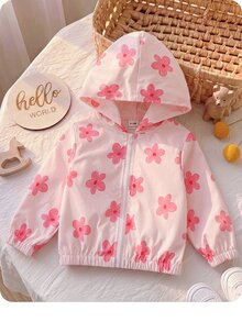 SHEIN 女嬰可愛休閒粉色花卉圖案連帽秋季夾克 - 淺粉色 - 查看 1