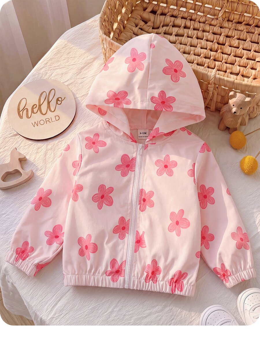 SHEIN 女嬰可愛休閒粉色花卉圖案連帽秋季夾克 - 淺粉色 - 查看 1