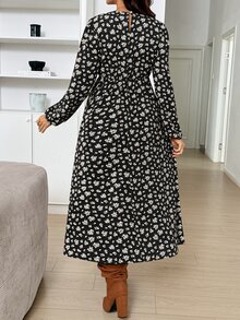 SHEIN 孕婦休閒舒適時尚碎花荷葉邊下擺洋裝 - 黑色 - 查看 5