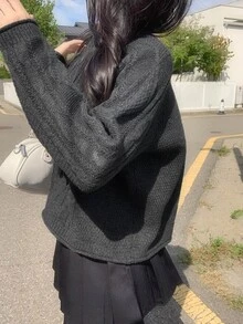 DAZY Women's Solid Color Cable Knit Jacquard Loose Long Sleeve Crew Neck Casual Vacation Korean Style Autumn/Winter Pullover Sweater - Grey - View 1