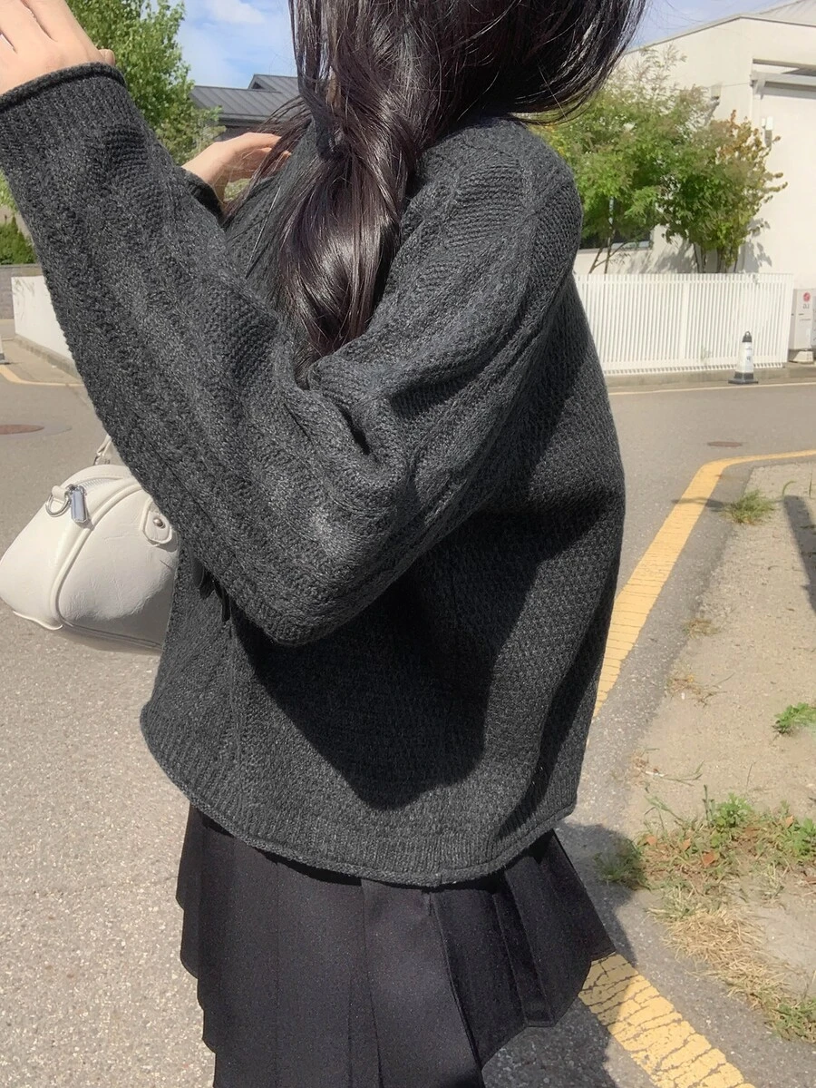 DAZY Women's Solid Color Cable Knit Jacquard Loose Long Sleeve Crew Neck Casual Vacation Korean Style Autumn/Winter Pullover Sweater - Grey - View 1