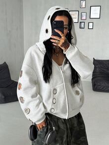 Coolane 女款秋冬街頭風 Y2K 時尚龐克派對外出休閒必備 銀色金屬孔眼灰色連帽衛衣保暖上衣 秋冬女裝 - 淺灰色 - 查看 1