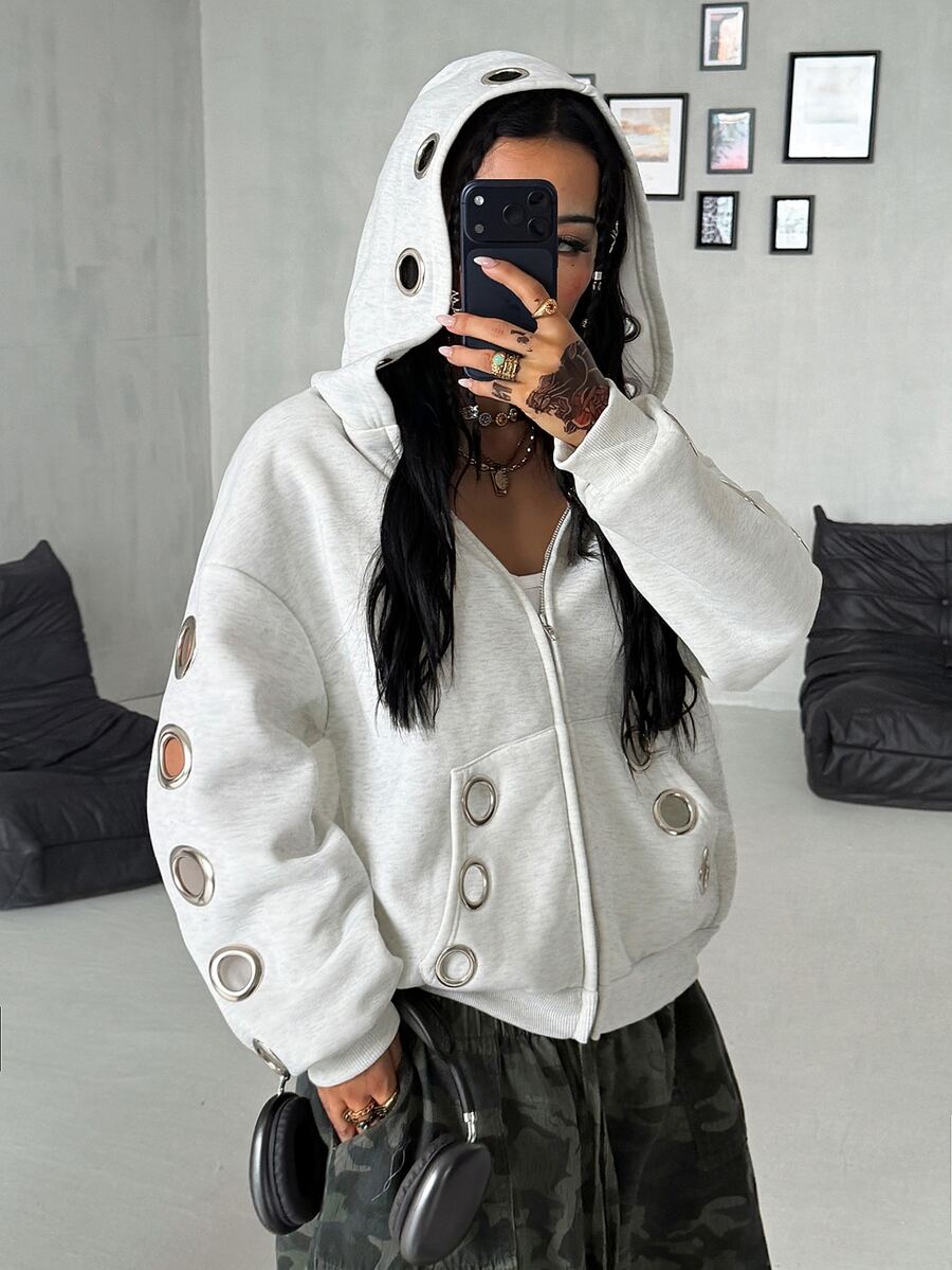 Coolane 女款秋冬街頭風 Y2K 時尚龐克派對外出休閒必備 銀色金屬孔眼灰色連帽衛衣保暖上衣 秋冬女裝 - 淺灰色 - 查看 1