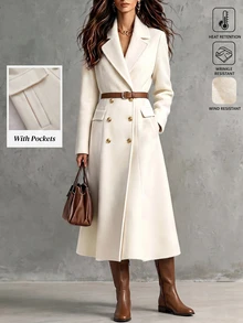 LUMIGAL Women's Autumn/Winter Solid Color Lapel Neck Long Sleeve Double-Breasted Elegant Overcoat - Apricot - View 8