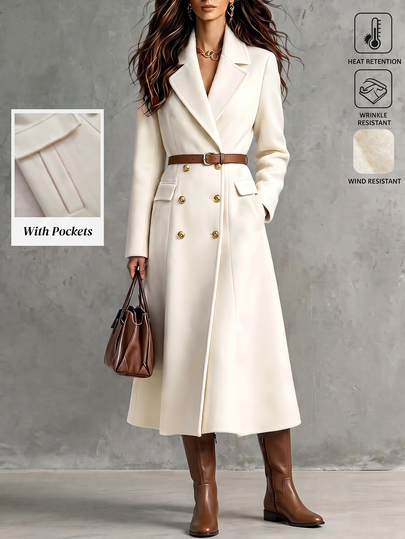 LUMIGAL Women's Autumn/Winter Solid Color Lapel Neck Long Sleeve Double-Breasted Elegant Overcoat