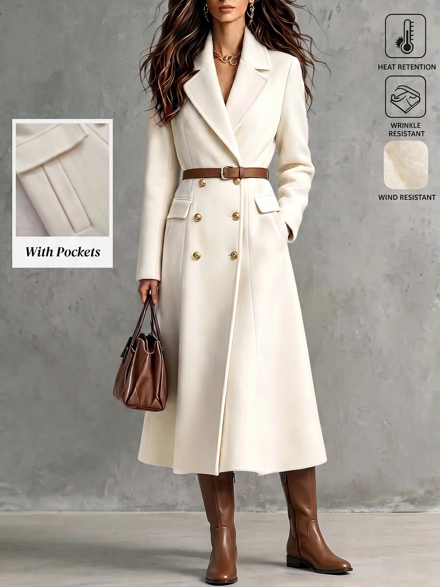 LUMIGAL Women's Autumn/Winter Solid Color Lapel Neck Long Sleeve Double-Breasted Elegant Overcoat - Apricot - View 1