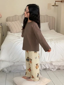 Dazy Kids 女童秋季圓領針織長袖T恤＋長褲居家休閒套裝 - 黃色 - 查看 6