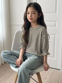 DAZY (Tween Girl) 杏色針織條紋短袖圓領秋季燈籠袖寬鬆T恤 - 卡其色 - 查看 7