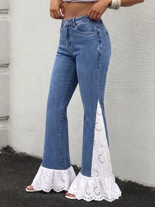 Rivivi 低腰高彈力棉質蕾絲拼接喇叭牛仔褲 - 藍色 - 查看 1
