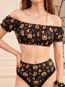 Notgurli 1pc Women's Halloween Quirky Print Off-Shoulder Strap Bra - Multicolor - View 6