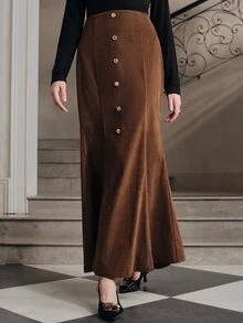 Anewsta Rok Wanita Model Ekor Ikan dengan Hiasan Kancing Warna Cokelat Kopi Modern - Coffee Brown - View 7