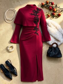 EastFlair Plus Size Women's Elegant 2 Pieces Set With Stand Collar Applique Decorated Shawl And Split Hem Dress - Burgundy - View 5