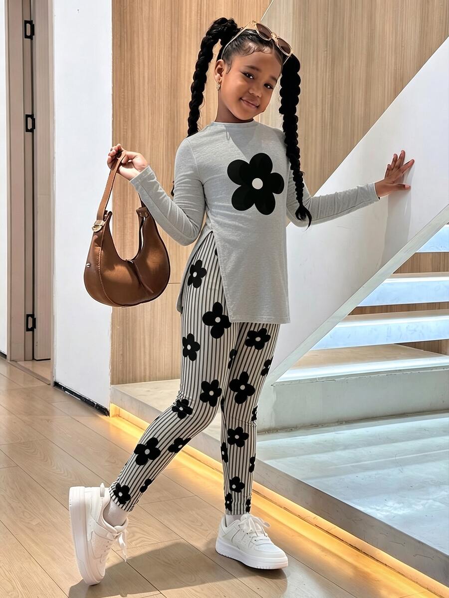Tween Girls Loose Long Tween Girl Sleeve Side Slit Tight Winter Leggings 2 Pieces Set With Cartoon Pattern - Grey - View 1