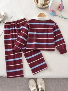 SHEIN Playful Pals 女款復古條紋兩件套，休閒上衣搭配條紋寬腿褲，適合校園、日常、秋冬休閒穿著 - 棕色 - 查看 2