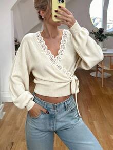 Cévolie Women's Solid Color Contrast Lace Side Waist Knot Knit Cardigan - Beige - View 7