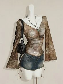 SHEIN ICON 秋季女款西式波希米亞風青色滿版印花V領抓褶優雅長袖襯衫 - 彩色 - 查看 5