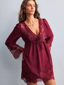 Willow Rêve Gaun Mini Merah Patchwork Renda Wanita - Burgundy - View 4