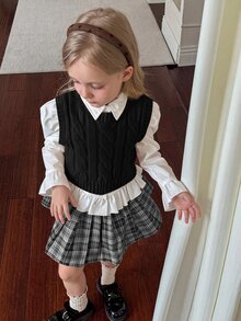 SHEIN Young Girl Ribbed Knit Sweater Vest With Cable Texture, Elegant & Cute, High Quality, Warm & Soft - Black - View 7