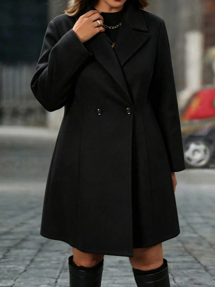 SHEIN LUNE Plus Size Casual Lapel Long Sleeve Pocket Solid Black Wool - Black - View 1
