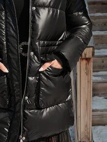 Anewsta Women's Autumn/Winter Mid-Length Black Fur Collar Hooded Waist-Cinching Drawstring Commuter Padded Coat - Black - View 6