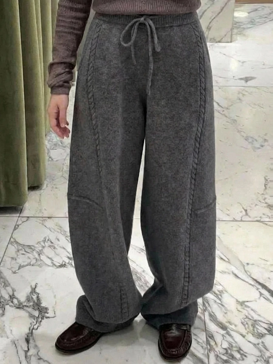 Livesso Women's Solid Color Drawstring Elastic Waist Fashion Knit Straight Leg Pants - Dark Grey - View 1