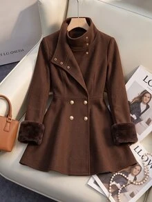 Yalmera Women's Autumn/Winter Patchwork Fur Cuff Stand Collar Elegant Overcoat - Brown - View 10