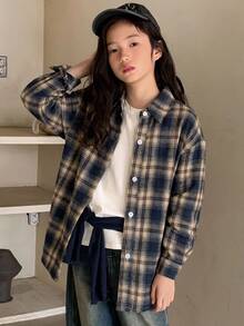 Dazy Kids (Tween Girl) 寬鬆格紋襯衫，全新秋季風格，長袖休閒外套上衣 - 藏蓝色 - 查看 5