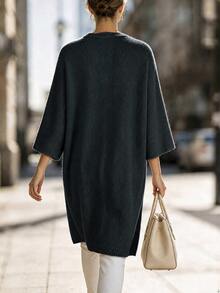SHEIN Women's Solid Color 3/4 Sleeve Open Front Loose Knit Cardigan - Army Green - View 2