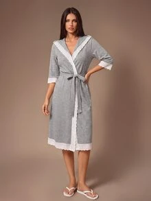 Lazeform Women's Gray Casual Loose Hooded Waffle Knit Lace Trim Short Robe - رمادي - مشاهدة 1