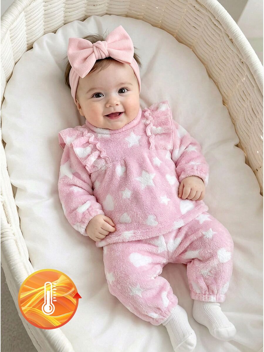 Genkimix Kids 3Pcs Baby Girls Sweatshirt Pants Set Cute Sweet Pink Bow Ruffle Star Print Fuzzy Long Sleeve Round Neck Thick Holiday Winter Fall Plushy