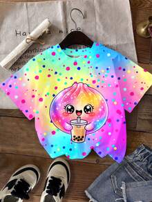 Tween Girl Casual Minimalist Cute Fun Squeeze Bun Pattern, Glitter, Rhinestone Bun, Tie-Dye, Round Neck Short Sleeve T-Shirt, Suitable For Summer, Kawaii, Graphic, Tops, Cute Tops, Easy Comfort - 彩色 - 查看 2
