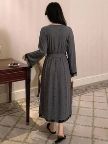 DAZY Lace Patchwork Camisole Long Dress Cardigan Long Robe Women's Pajama Set - Dark Grey - View 2