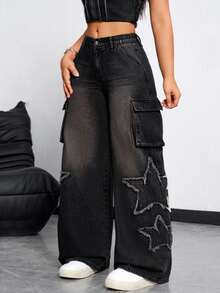 SHEIN Tall CURVE Plus Size Fashion Button Pocket Applique Embroidery Denim Jeans - Black - View 7