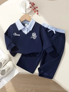 Infant & Toddler 2 Pieces Set, Long Sleeve Sweatshirt + Light-Colored Faux Layered Collar Design, Ribbed Cuffs; Paired With Matching Wide-Leg Long Pants, Suitable For Daily School, Back To School, Suburban Outings, Visiting Friends And Family, Spring And Autumn Wear, Stylish And Cute - Blue - View 5