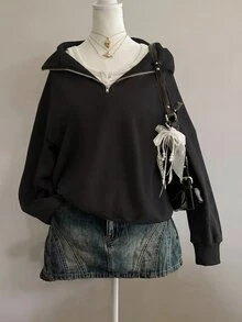 SHEIN Sparklyn 青少年女孩純色休閒百搭日常長袖運動衫 - 黑色 - 查看 3