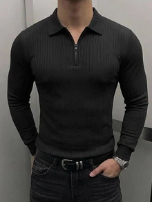 DAZY 男士長袖黑色 Polo 領修身通勤針織上衣，彈性面料，春秋款 - 黑色 - 查看 1