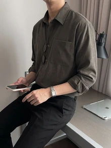DAZY Spring/Autumn Grey Solid Color Korean Style Casual Men's Shirt - Grey - View 6