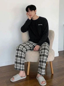 DAZY Spring/Autumn Letter Print T-Shirt & Plaid Pants Men's Loungewear Set - Black - View 5