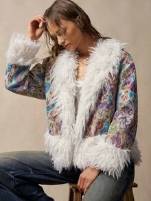 Bohemela Women's Jacquard Patchwork Fuzzy Long Sleeve Loose Fashion Jacket - Multicolor - View 4