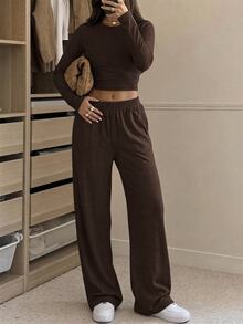 SHEIN EZwear طقم نسائي بلون موحد بأكمام طويلة و بنطال كاجوال للاستخدام اليومي - بني - مشاهدة 4