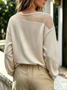 SHEIN Hollow Mesh Patchwork Round Neck Cold Shoulder Long Sleeve Casual Versatile Autumn Women's Shirt - Apricot - View 2