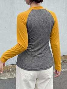 Dazy Plus Colorblock Patchwork Fitted Street Casual Short Long Sleeve Spring Autumn T-Shirt - Yellow - View 2
